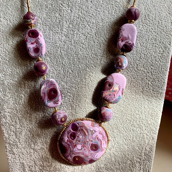 Handmade Polymer Clay Necklace Purple Swirl OOAK - Picture 9 of 15